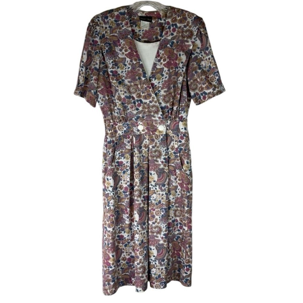 Stuart Alan Vintage 80s Dress Pink Blue Floral Pockets Puff Sleeve Cottage 10